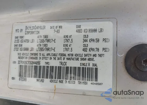 2003 Dodge Ram 2500 Slt/Laramie/St из США, поврежденный, VIN 3D7KA28C83G844096